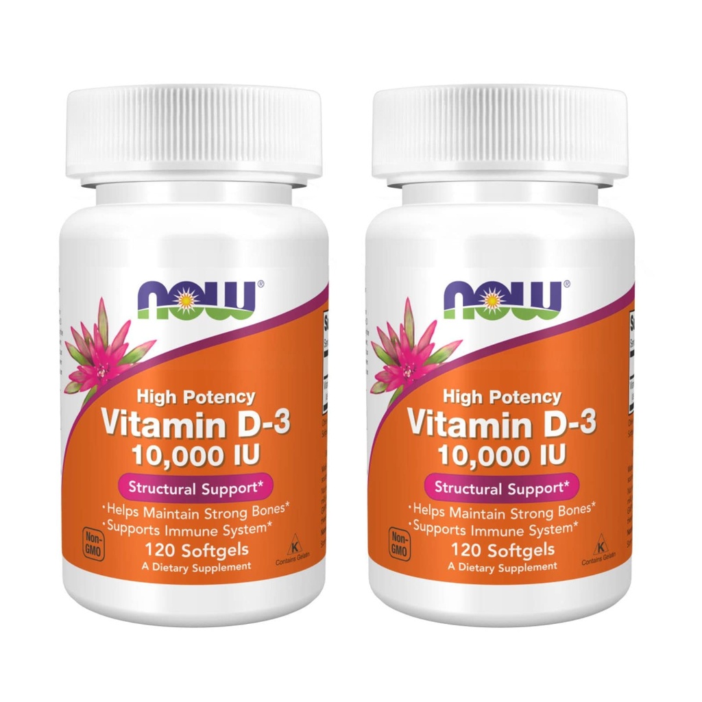 NOW Foods High Potency Vitamin D-3, 10,000 IU, 120 Softgels, 2 Pack