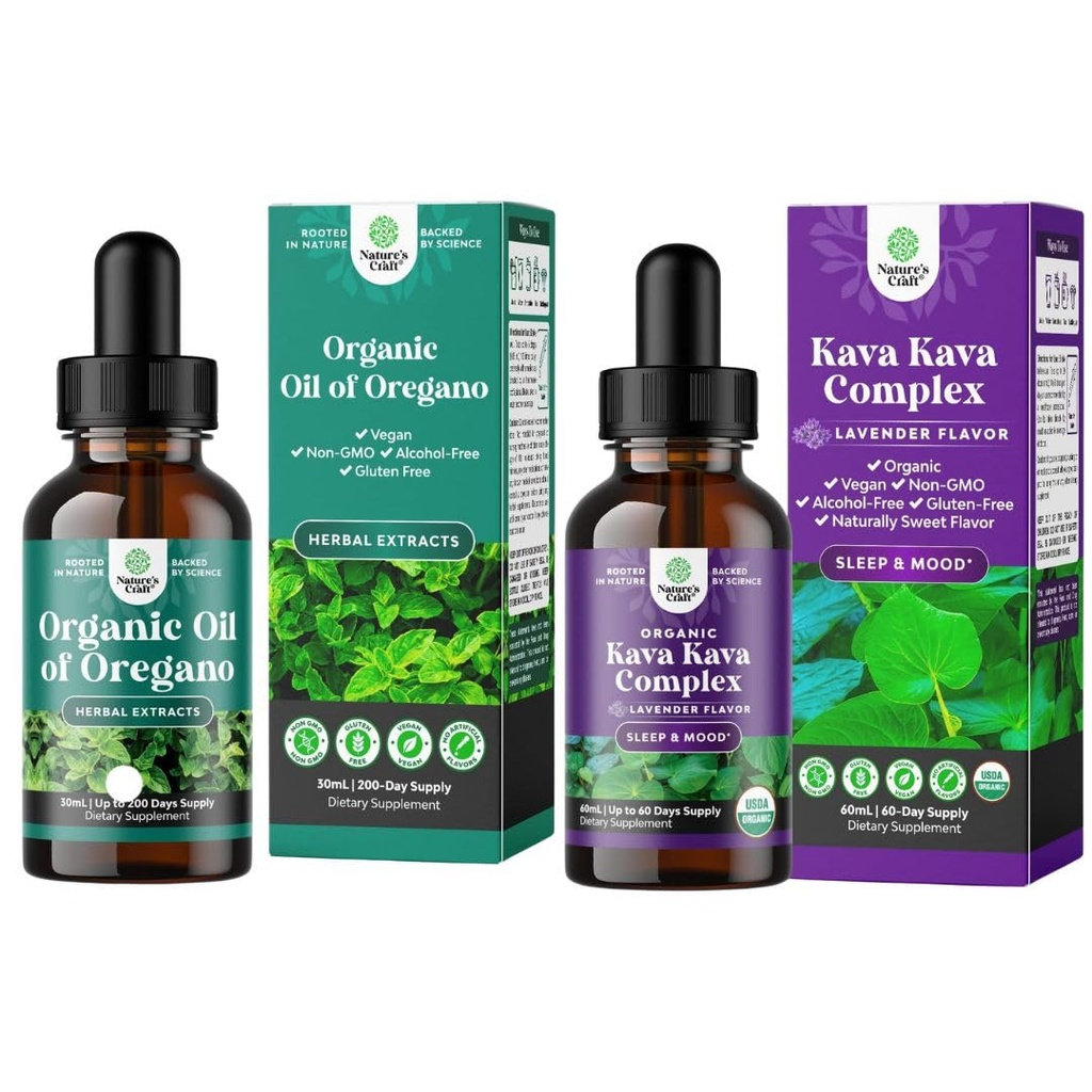 Bundle of Organic Oregano Oil Drops - Super Concentrated Liquid Oil of Oregano with Carvacrol 60% and Kava Kava Organic Liquid Drops - Lavender Flavor - Fast Acting Herbal Support with Kavalactones