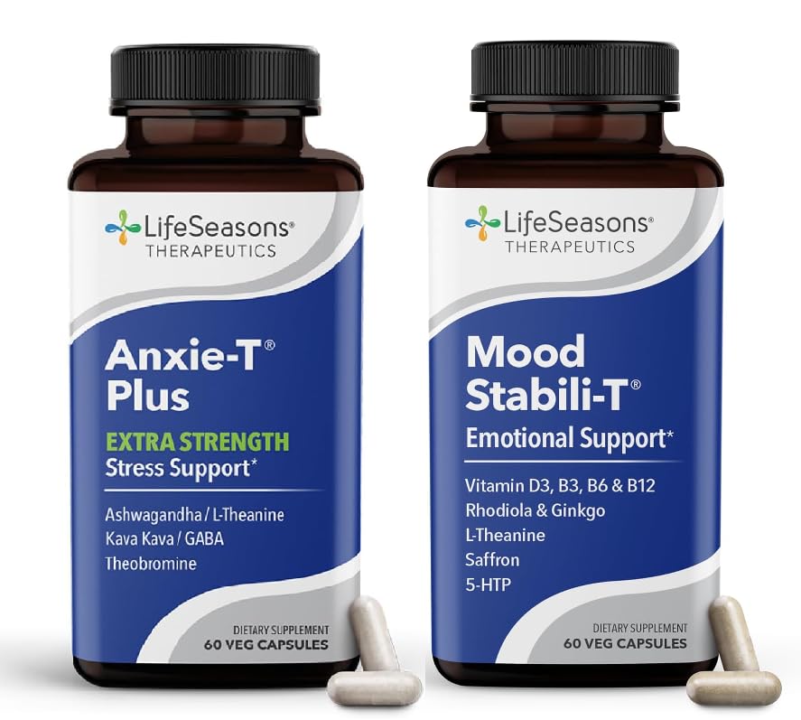LifeSeasons Anxie-T Plus - Extra Strength with Mood Stabili-T - Supports Mood & Mental Focus - Feel Calm & Relaxed - Eases Tension & Nervousness - Ashwagandha, Kava, GABA & L-Theanine - 120 Capsules