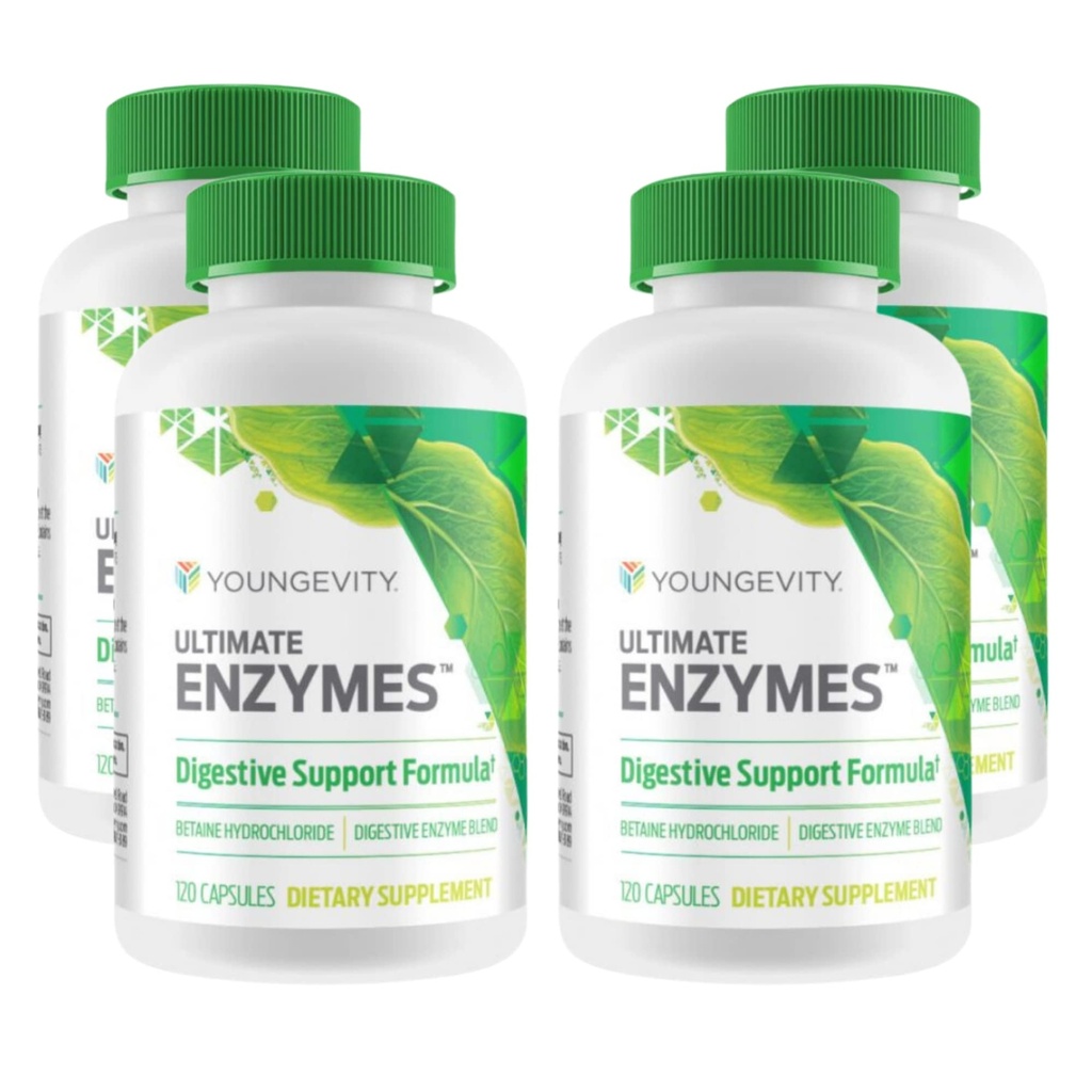 Youngevity Ultimate Enzymes Digestive Enzyme Capsules, 120 Count, 4 Pack | Betaine HCl, ox bile, pancreatin, papain and pepsin, supports nutrient absorption and digestion of carbs, proteins and fats