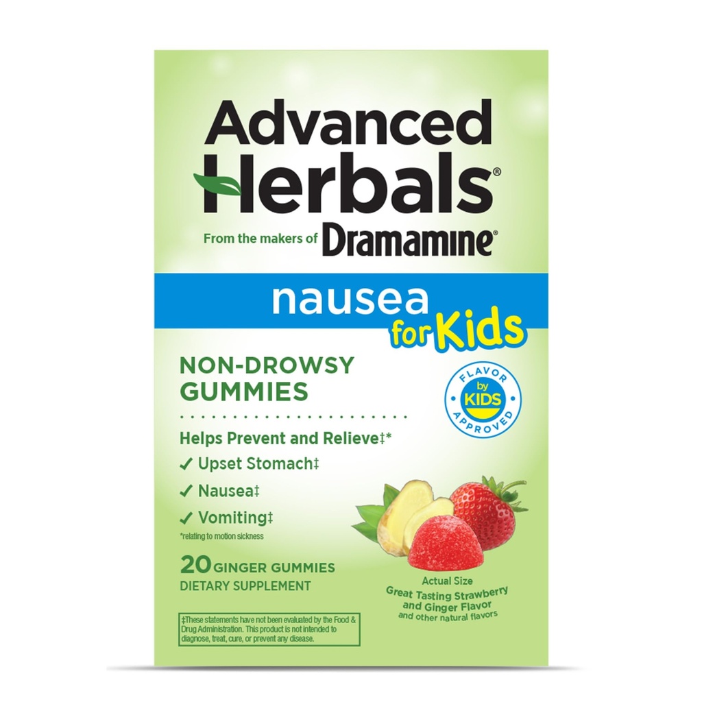 from The Makers of Dramamine, Advanced Herbals Kids Gummies, for Nausea Relief & Motion Sickness During Travel, Strawberry & Ginger Flavor, 20 Count