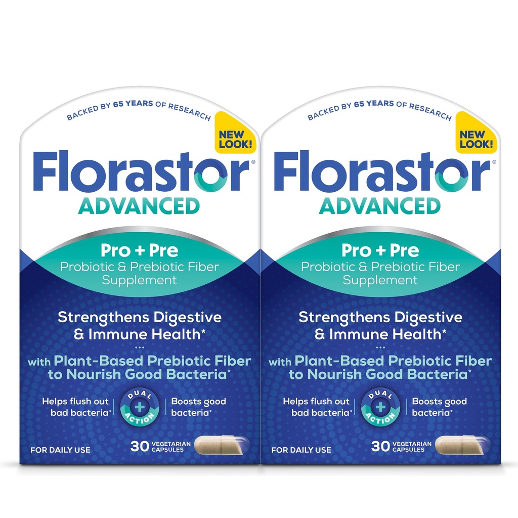 Florastor Advanced Pro+Pre Daily Probiotic and Prebiotic Supplement for Women and Men, Boosts Good Bacteria, Saccharomyces Boulardii CNCM I-745 (30 Capsules) (Pack of 2)