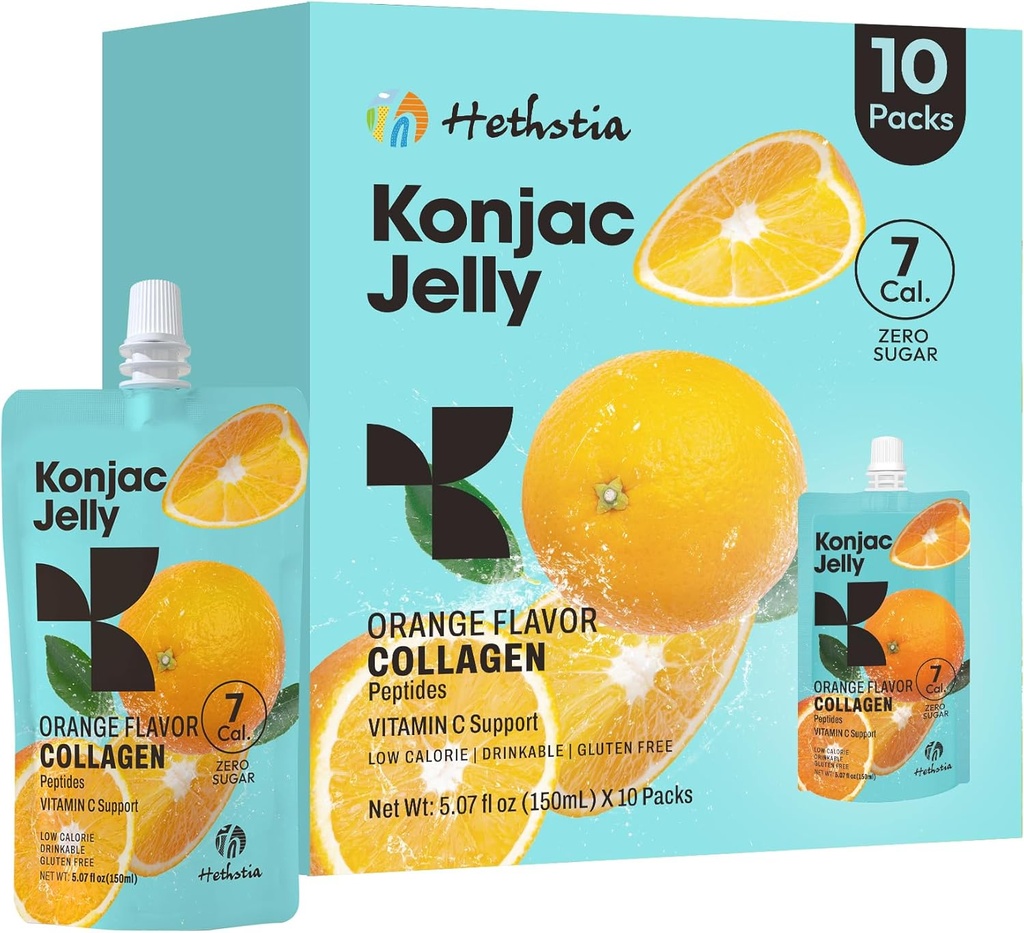 Hethstia Orange Konjac Jelly με κολλαγόνο Πεπτίδες, 10 πούτσες Φρούτα Jelly Snacks, Low-Calory Πόσιμο Jelly με Βιταμίνη C, Χωρίς ζάχαρη, Κέτο, Χωρίς γλουτένη, On-The-Go Light Snacks