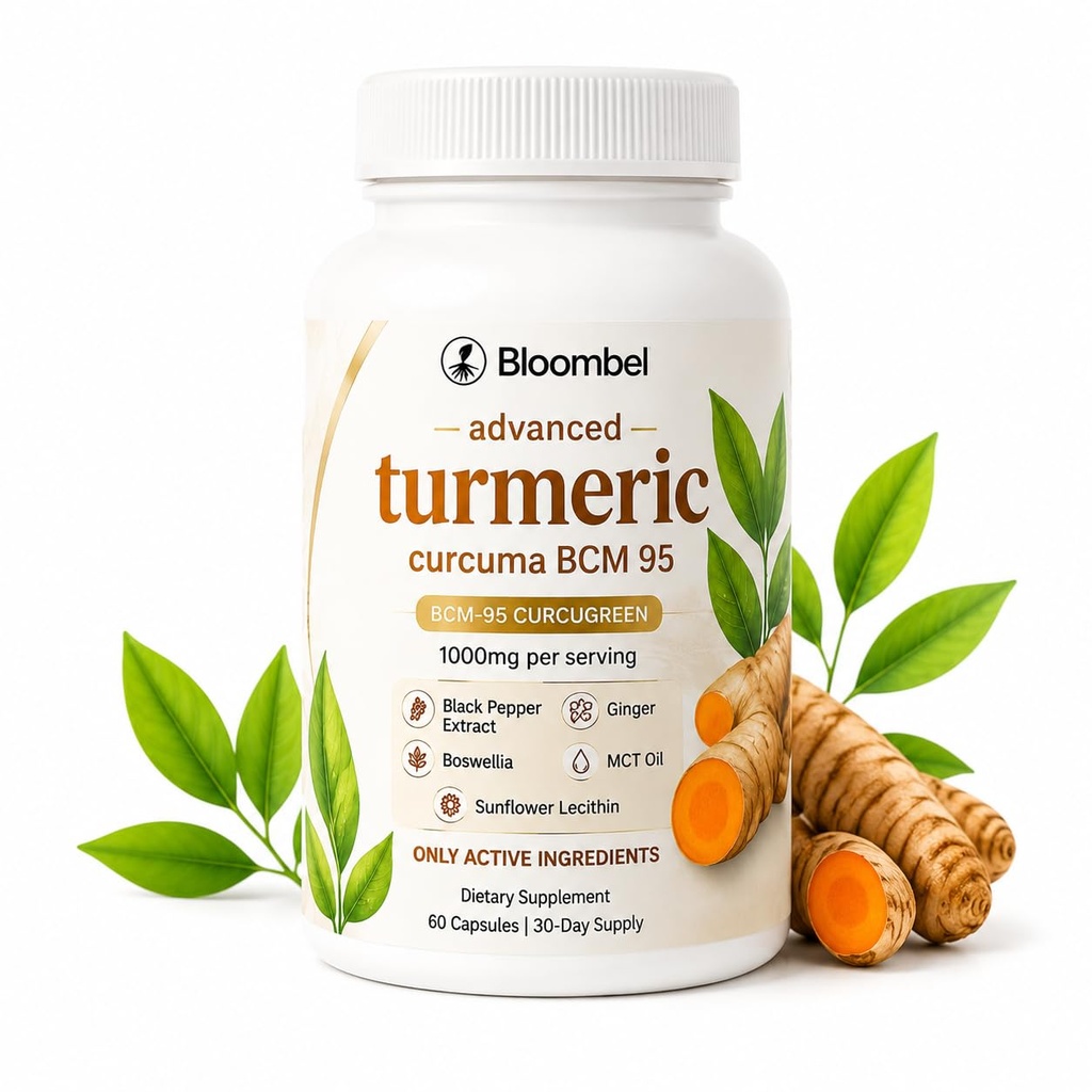 Bloombel Turmeric Curcumin Capsules with Black Pepper, Ginger, Vitamin C & Mct Oil, Premium Bioavailable Formula for Healthy Joints, Antioxidant Support & Energy Maintenance (A)