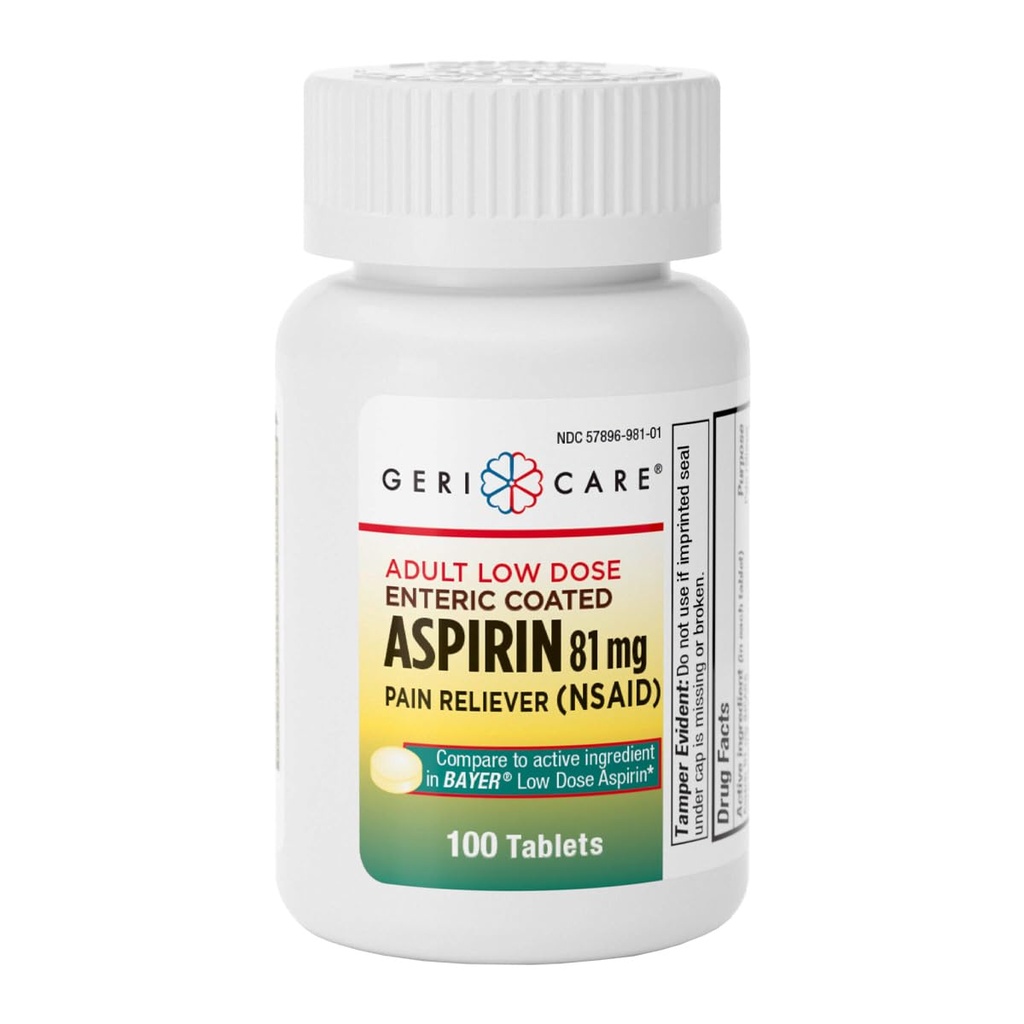 GeriCare Aspirin 81mg Adult Low Dose, Pain Reliever - Enteric Coated Tablets for Enhanced Absorption and Gentle Digestion – Supports Blood Flow, Reduces Inflammation, 100 Count (Pack of 1)