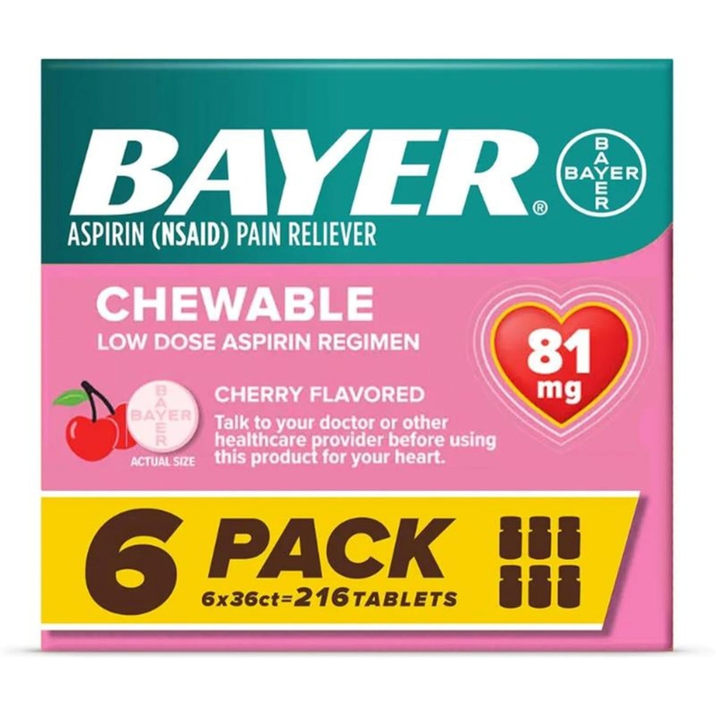 Bayer Aspirin Low Dose 81 mg Chewable Tablets, Pain Reliever, Cherry Flavored, 216 Tablets, 36 Count (Pack of 6)