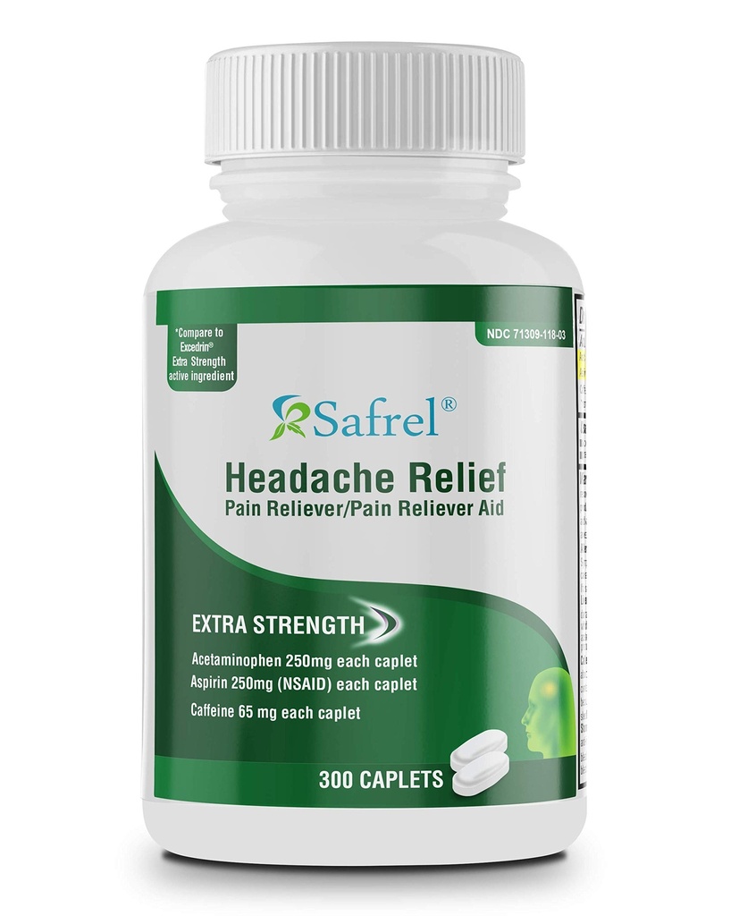 Safrel - Extra Strength Headache Relief Acetaminophen with Aspirin (NSAID) & Caffeine (300 Caplets) Value Pack | Head Pain Relief, Muscle Aches, Back Pain & Body | Generic Excedrin Extra Strength