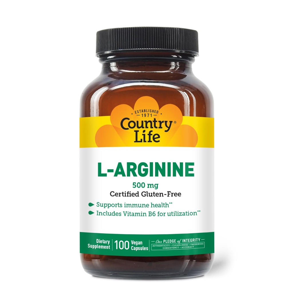 Country Life L-Arginine Caps με βιταμίνη Β-6, 500mg, 100 Vegan Caps, Certified Gluten Free, Certified Vegan