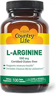 Country Life L-Arginine Caps with Vitamin B-6, 500mg, 100 Vegan Capsules, Certified Gluten Free, Certified Vegan