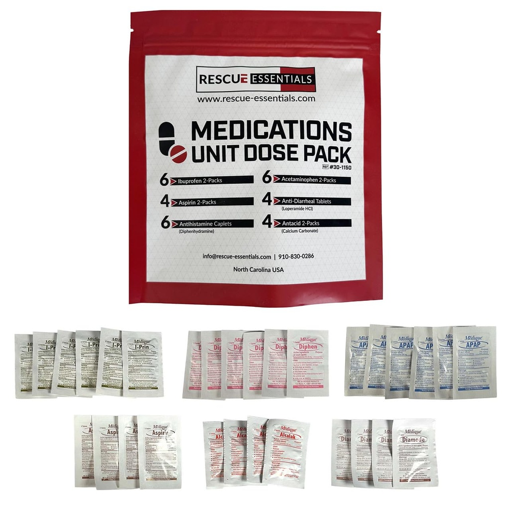Rescue Essentials Medications Dose Pack–First Aid Refill Kit with Ibuprofen, Acetaminophen, Aspirin, Antihistamine, Anti-Diarrheal & Antacid– Compact Emergency Travel & IFAK Supply-1 Module (30 Doses)