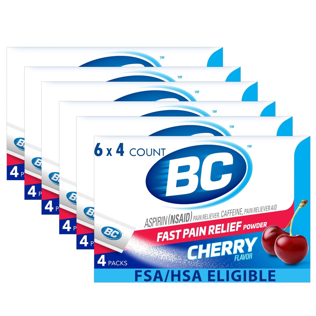 BC Headache Relief Powder, Dual-Action Formula with Aspirin & Caffeine Eases Aches & Pains, Cherry Flavor, 4 Count, Pack of 6