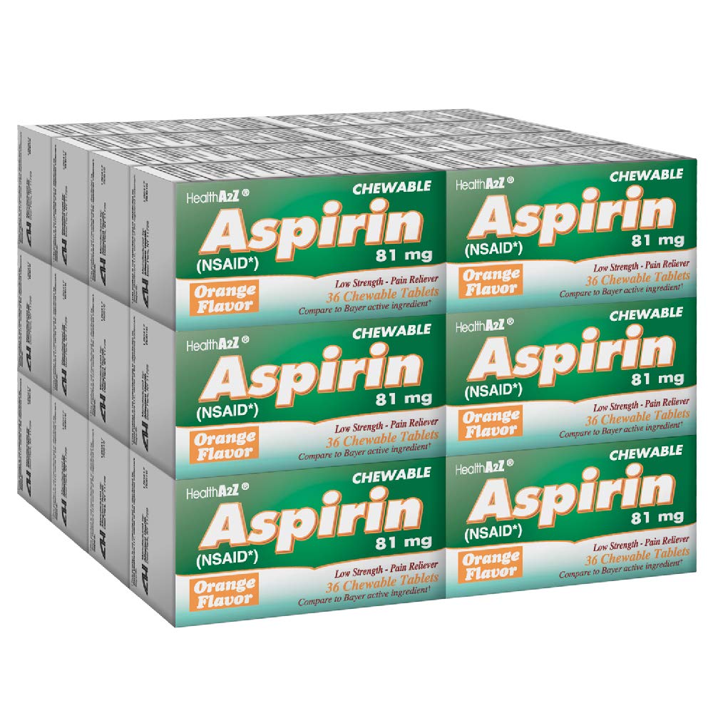 HealthA2Z® Aspirin 81mg | Low Strength | Chewable Tablets | Orange Flavor | Pain Reliever & Fever Reducer | 24 Packs of 36 Tablets (864 Chewable Tablets Total) | Value Pack | NSAID