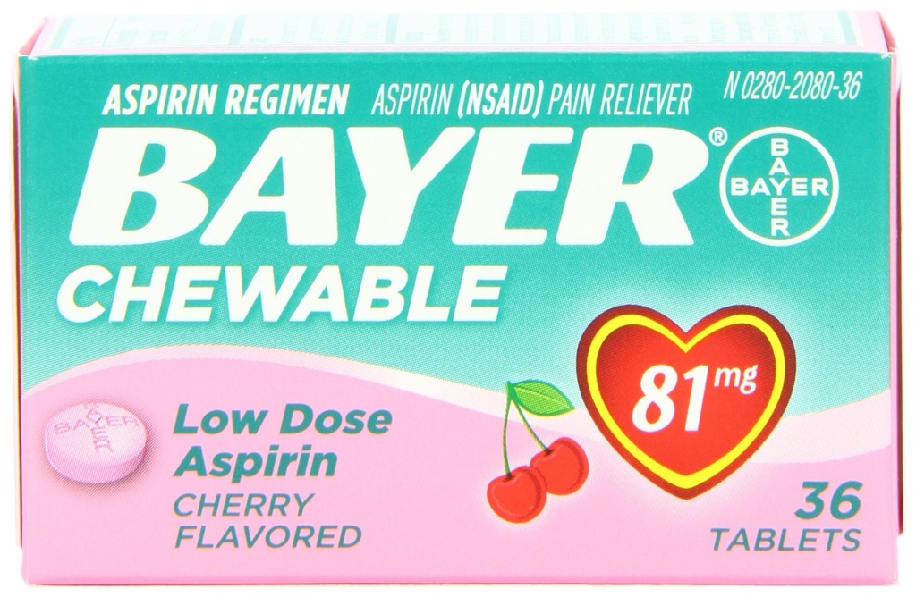 Bayer Chewable Low Dose Aspirin 81 mg Tablets Cherry 36 Tablets