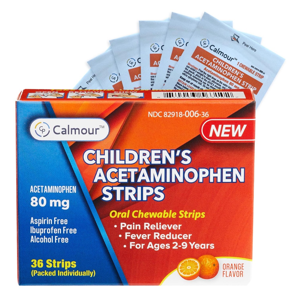 Children's Acetaminophen 36 Strips | Pain Reliever & Fever Reducer | Fast-Acting Support for Cold & Flu Symptoms | Oral Chewable Strips for Kids Ages 2-9 | Travel Size, Orange Flavor