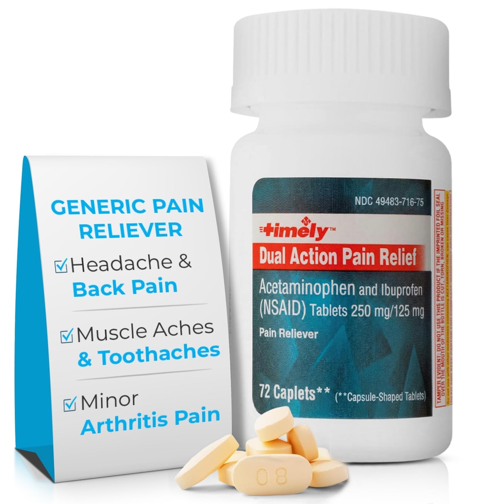 TIME-Cap Labs Dual Action Pain Reliever Acetaminophen 250mg & Ibuprofen 125mg – Back Pain, Arthritis & Headache Relief – National Brand Equivalent, Factory Direct NSAID - 72 Caplets