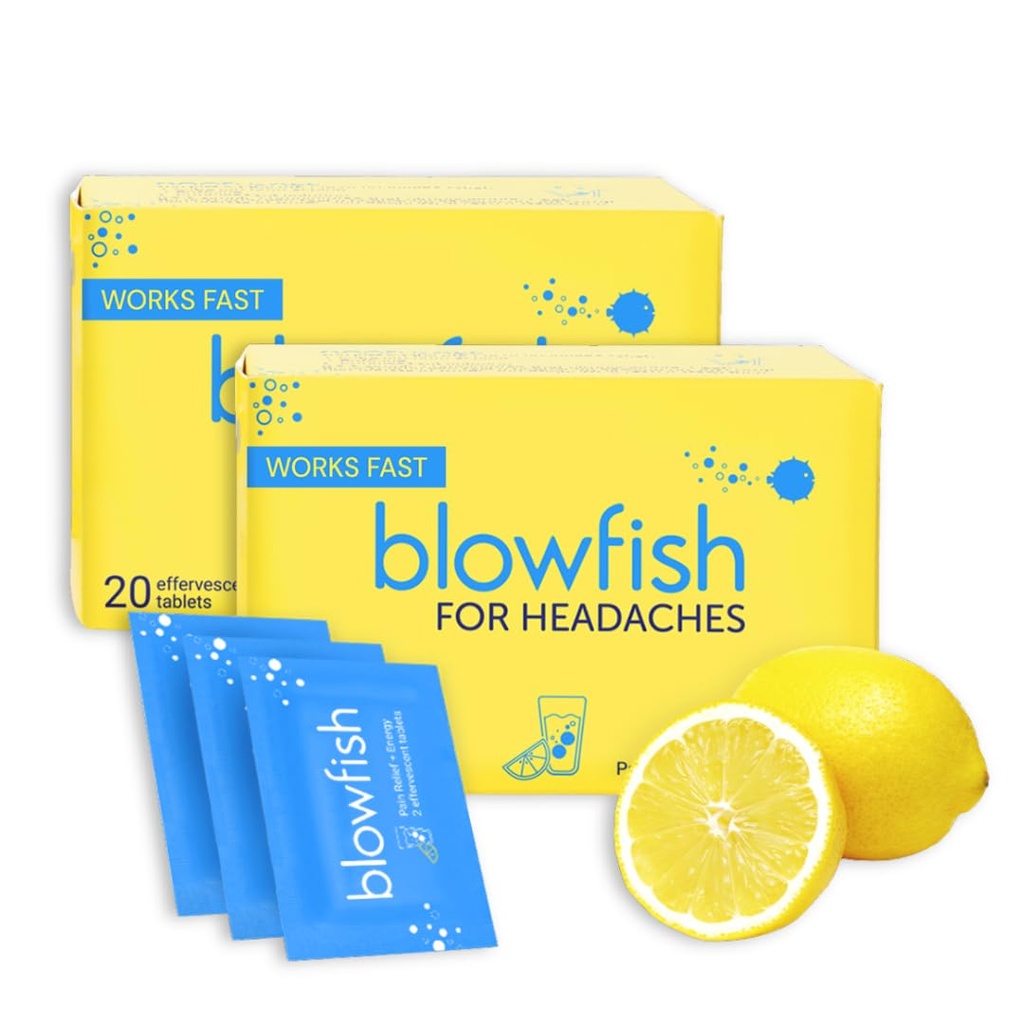 Blowfish for Headaches | Maximum Strength Effervescent Pain Relief Tablets – Treats Headaches Fast, 2X Faster Than Pills – Lemon Flavor (2 Pack)