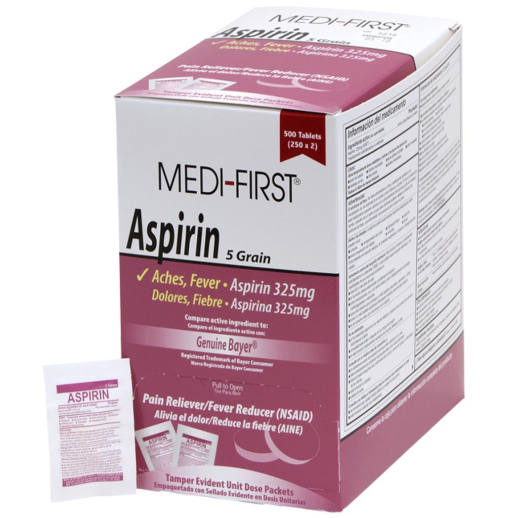 Medi-First Aspirin, Tablets for Headache Relief, Multi-Symptom Pain Reliever and Fever Reducer, Pain Relief Tablets for Tooth and Muscle Pain, Backache, [500 Count, 325 mg per Tablet]