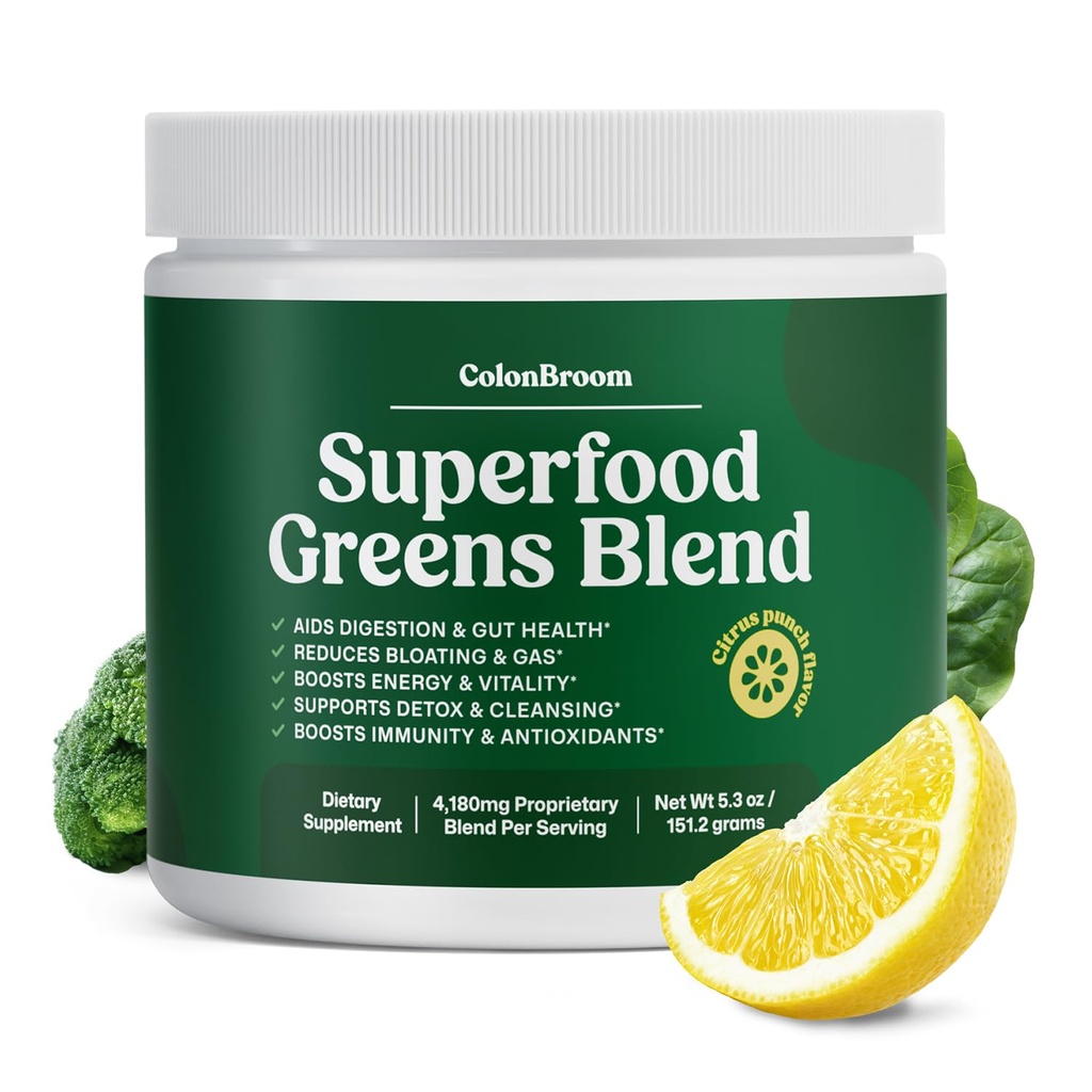 ColonBroom Superfood Greens Powder Supplement | Super Greens Juice Powder with Probiotics, Prebiotics, Spirulina & Chlorella | Natural for Energy, Immunity, Digestion & Detox Support | 28 Servings