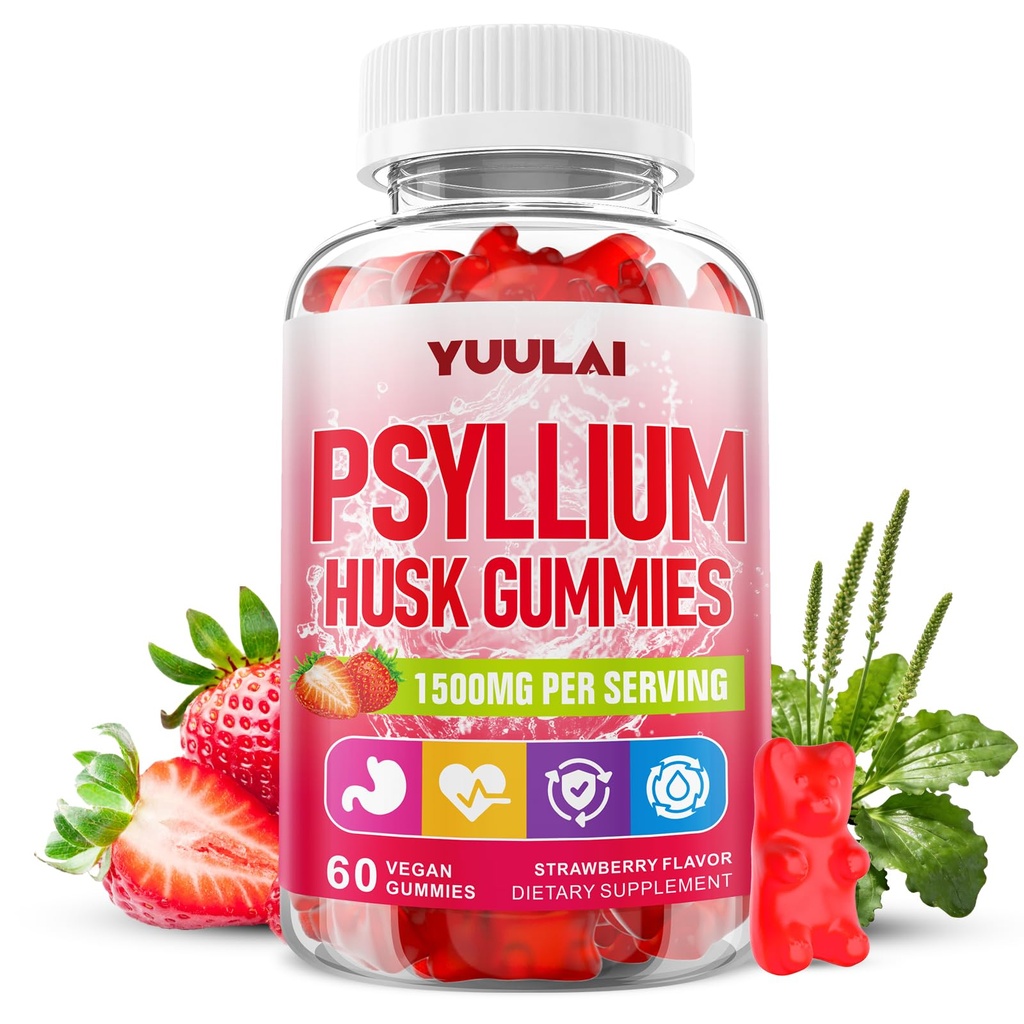 Psyllium Husk Gummies, Psyllium Husk Fiber Supplement, Vegan, Sugar Free, 60 Count