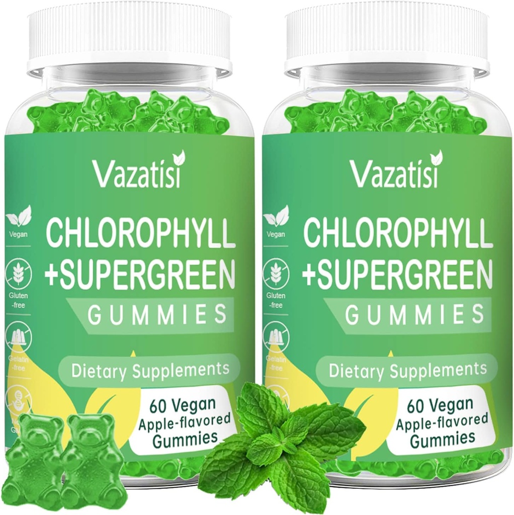 2 Πακέτο Chlorophyl Gummies με οργανικά υπερπράσινα, φυσικό αντιοξειδωτικό, ενίσχυση ενέργειας, ανοσοποιητική υποστήριξη, πέψη, φροντίδα του δέρματος, γυναίκες & άνδρες, ενήλικες & παιδιά - 120 Vegan Organic Gummies