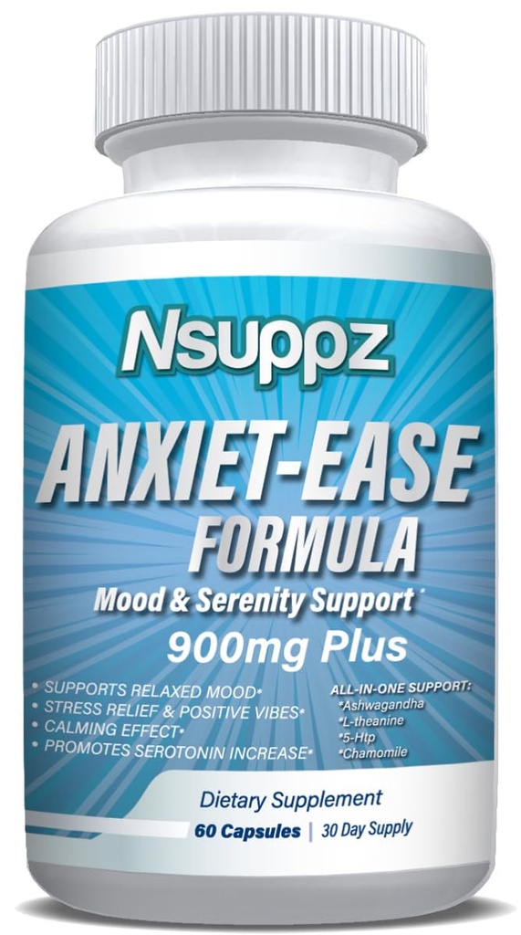 Natural Mood & Serotonin Support - Nutrisuppz Anxiet-Ease Formula with Ashwagandha, L-Theanine, GABA, 5-HTP, Magnesium - 60 Capsules