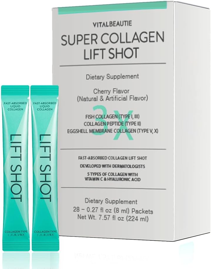 VITALBEAUTIE Liquid Collgen for Women, SuperCollagen Lift Shot - Premium Multi Collagens Peptides Type I, II, III, V, X 1500mg με Hyaluronic, Vitamin C, Third Party Certified, Υψηλή Απορρόφηση
