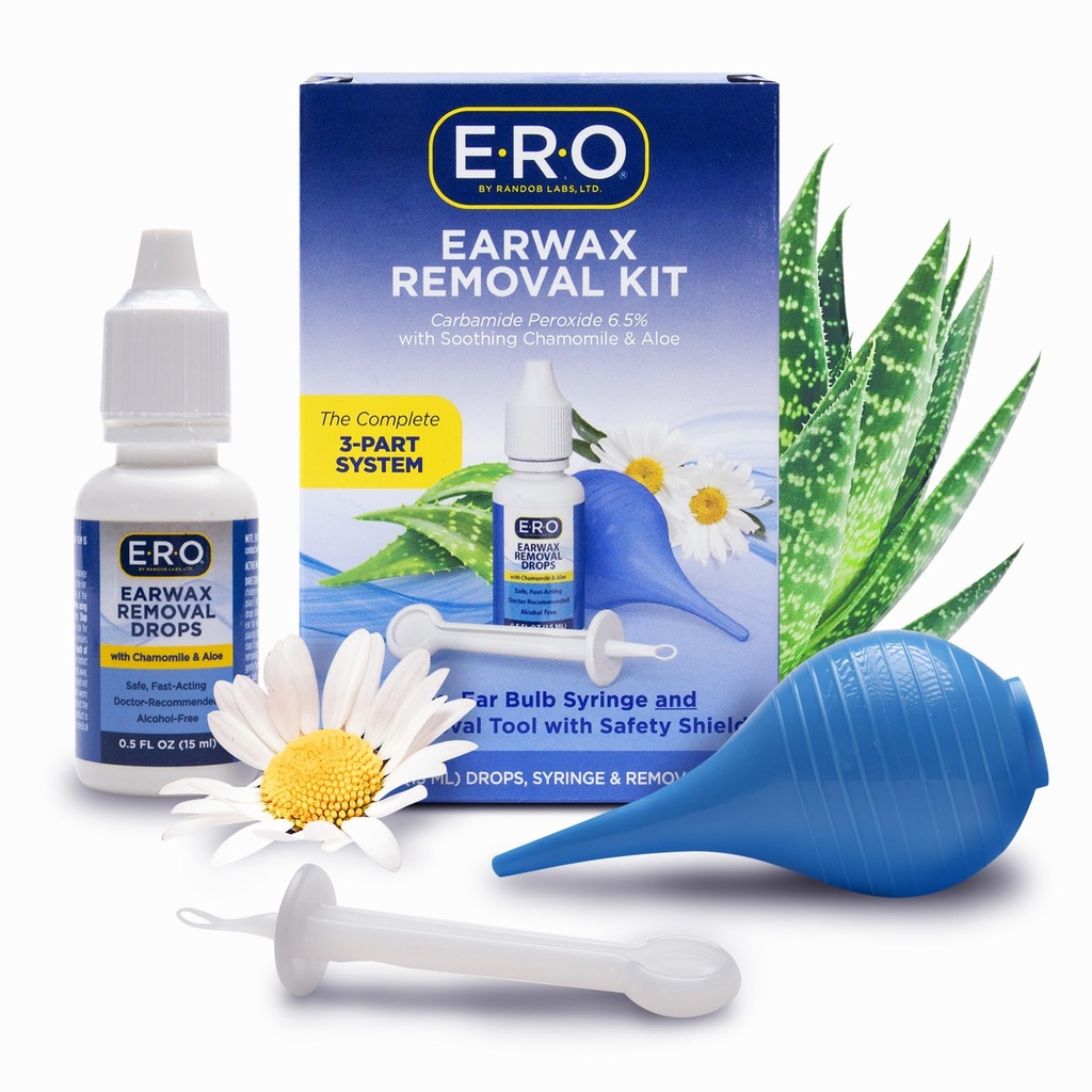 E-R-O Earwax Removal Kit for Complete Ear Care, with Carbamide Peroxide Earwax Removal Drops (0.5 fl oz), Ear Bulb Syringe and Ear Wax Removal Tool with Safety Shield