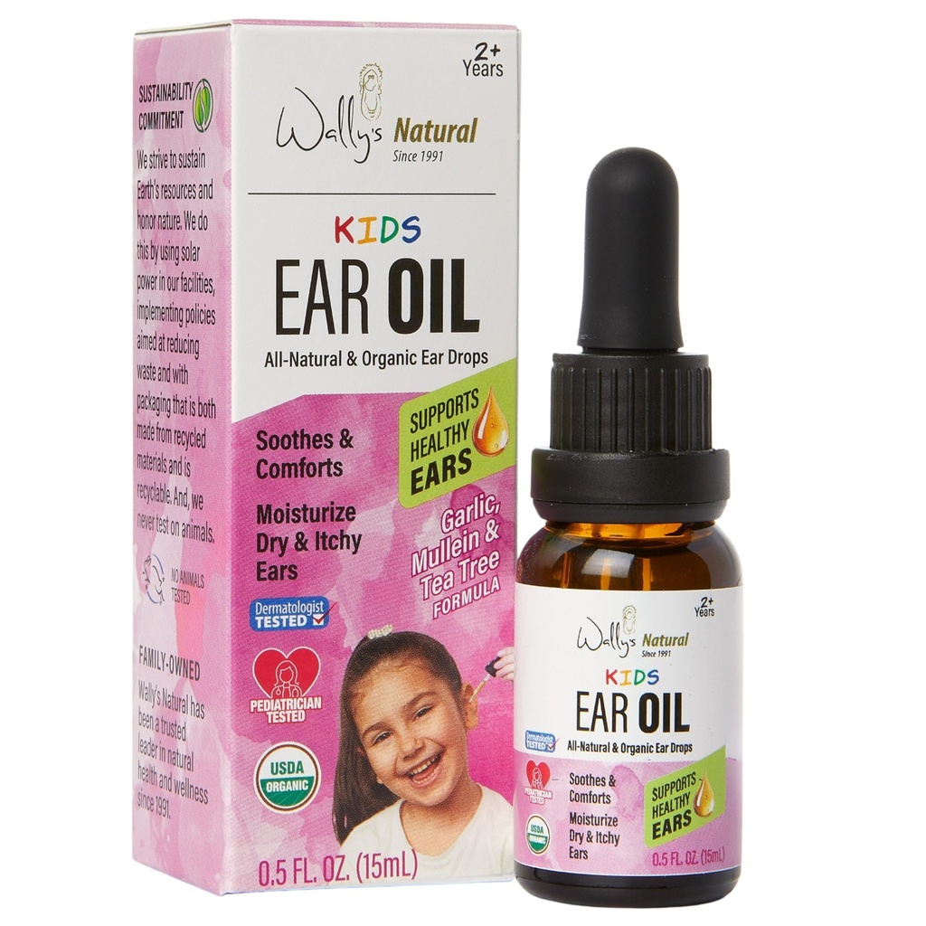 Wally's Natural Organic Kids Ear Oil Drops, Comforts & Soothes Ears, Pediatrician-Consulted, Safe for Kids 2+, Infused with Garlic, Mullein, Tea Tree & Echinacea, 0.5 Fl Oz