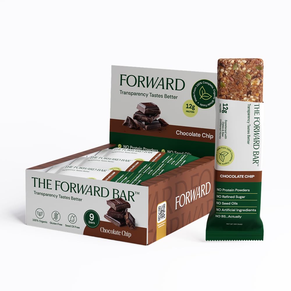 The Forward Bar – Chocolate Chip Protein Bar | Whole Food, Plant-Based, Gluten-Free, Dairy-Free, Non-GMO | 12g Complete Protein, High Fiber, Healthy Snack & Meal Replacement | Box of 9 Bars