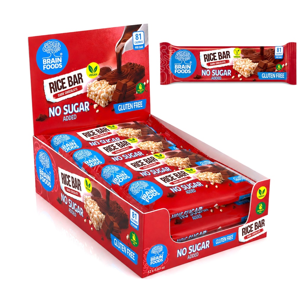 BRAIN FOODS Rice Bar - Gluten Free, Vegan, No Sugar Added, No Palm Oil, .63 oz, 81 Calories, (12, Dark Chocolate)