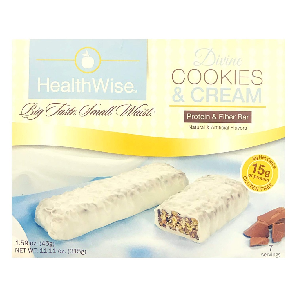 Healthwise - Divine Cookies and Cream Bar | High Fiber Diet Snack Bars | Hunger Control and Appetite Suppressant High Protein, Low Fat, Chol Free, Low Net Carbs, (7 Bars)