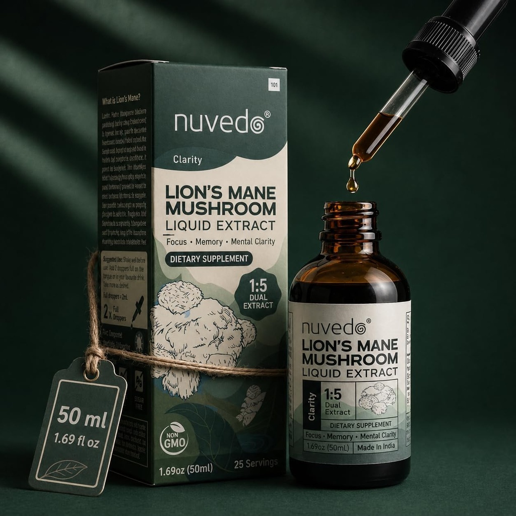 Nuvedo Clarity | Lions Mane Mushroom Liquid Extract | 1.69 fl oz, 25 Serves | Fruiting Body 1:5 Dual Extract |Alcohol Free Tincture | Herbal Nootropic Supplement |for Focus, Memory, Cognitive Support