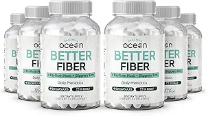 Organics Ocean Better Fiber - Daily Fiber Supplement - Soften Stool for Austyless Bowel Movies - with Psyllium Hulk and Slippery Elm - 6 Μπουκάλια