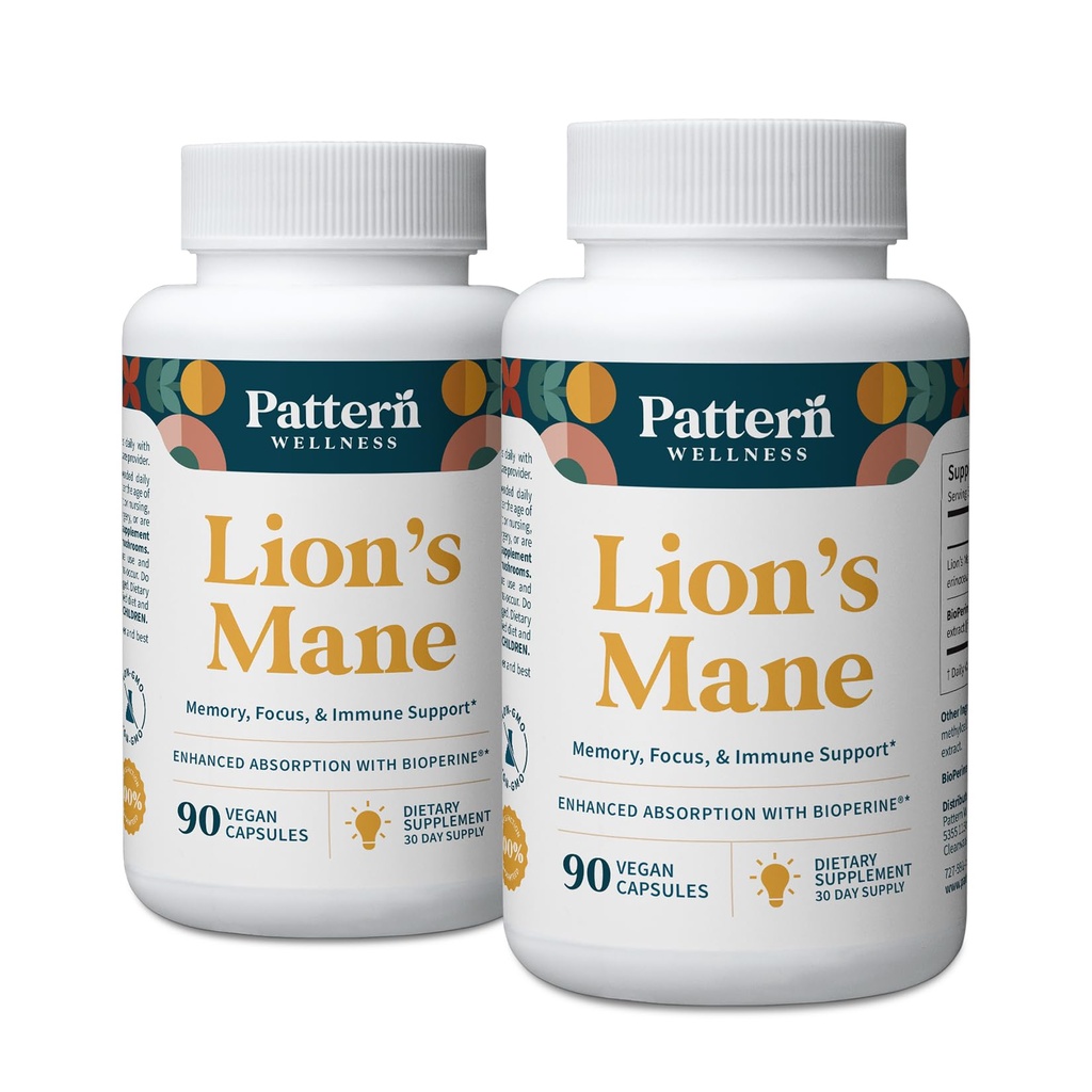 Pattern Wellness Lion’s Mane Mushroom – Supplement Capsules for Cognitive & Focus Support – Enhanced Absorption – 180 Vegan Capsules
