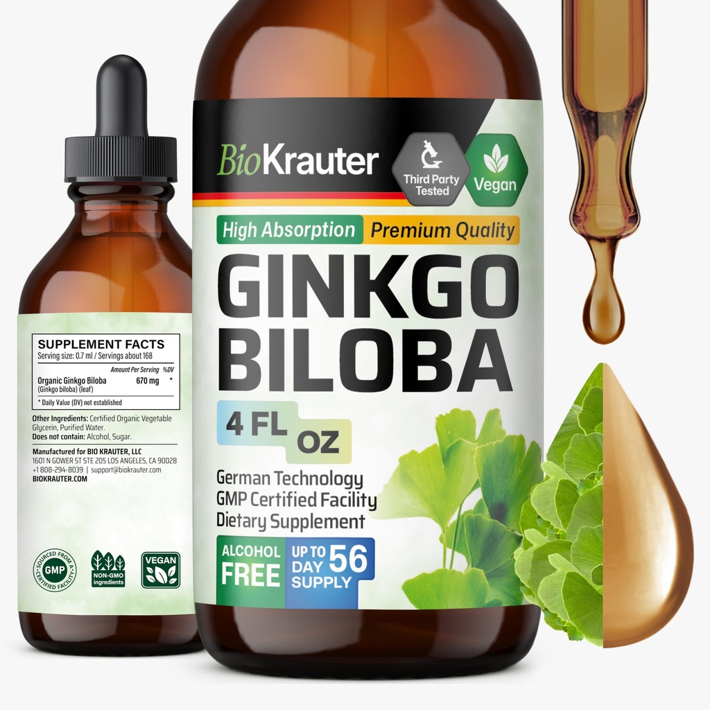 BIO KRAUTER® Ginkgo Biloba for Brain Support - Pure Vegan Ginkgo Biloba Supplement 670 mg - Supports Calm, Focus & Memory - Alcohol & Sugar Free, 4 Fl.Oz 56-Day Supply, Liquid Drops for Brain Health
