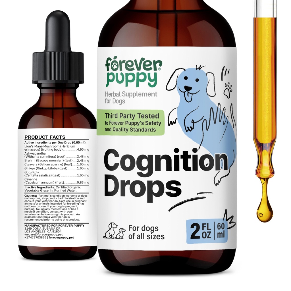 Forever Puppy Cognition Drops for Dogs - Lion's Mane Tincture & Ginkgo Biloba Liquid Supplement for Dogs' Brain Health Support - Cognitive Drops w/Ashwagandha Root for Brain Focus & Clarity (2 fl oz)