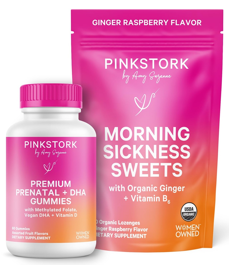 Pink Stork Morning Sickness Sweets Ginger Raspberry + Premium Prenatal Gummies - Morning Sickness Relief, Prenatal Gummy Vitamins with Folate, Nutrients for Early Pregnancy Support Bundle