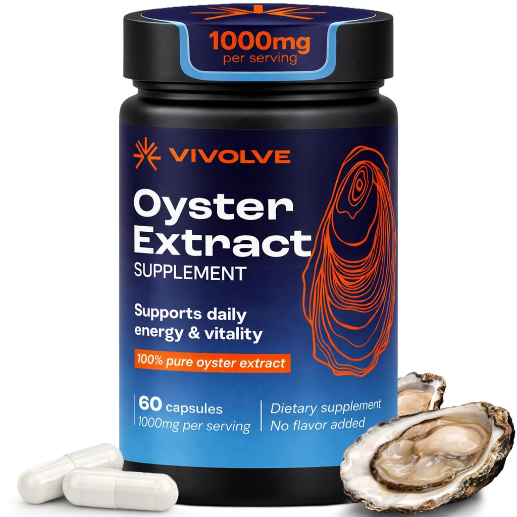 Oyster Extract Capsules, Oyster Supplement for Energy, Focus & Vitality, Oyster Pills, 1000mg Per Serving, Natural Zinc Source for Men & for Woman, 60 Capsules, 30 Day Supply