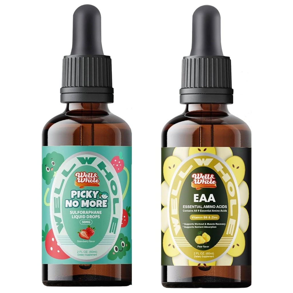 Well&Whole Sulforaphane Supplement Liquid Drops for Kids and Essential Amino Acid (EAA) Liquid