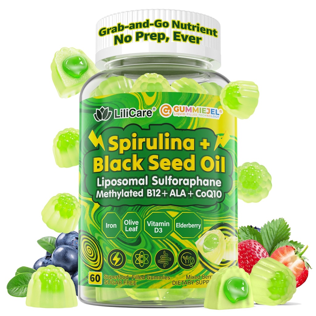 LILICARE Organic Spirulina + Black Seed Oil Gummies, Easier to Take Than Spirulina Powder/Capsules/Tablets, Grab-and-Go Superfood, Iron, B12, Sulforaphane + ALA for Daily Antioxidant, Cleanse, Immune