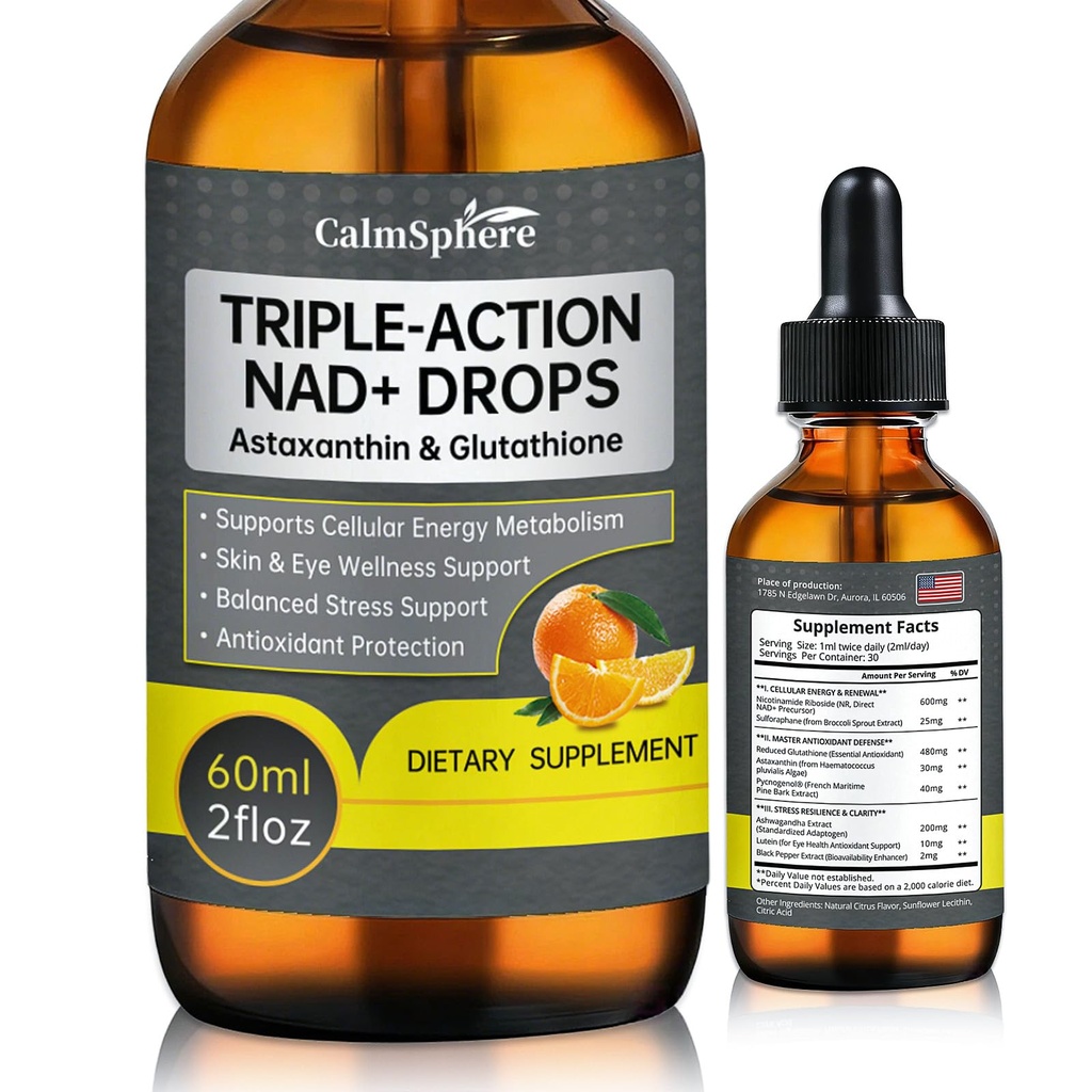 NAD+ Liquid Supplement with NR,Astaxanthin&Glutathione - High Absorption NAD+ Liquid Drops for Cellular Energy & Vitality Support - Supports Cognitive Health, Focus & Natural Healthy Aging 2 Fl Oz