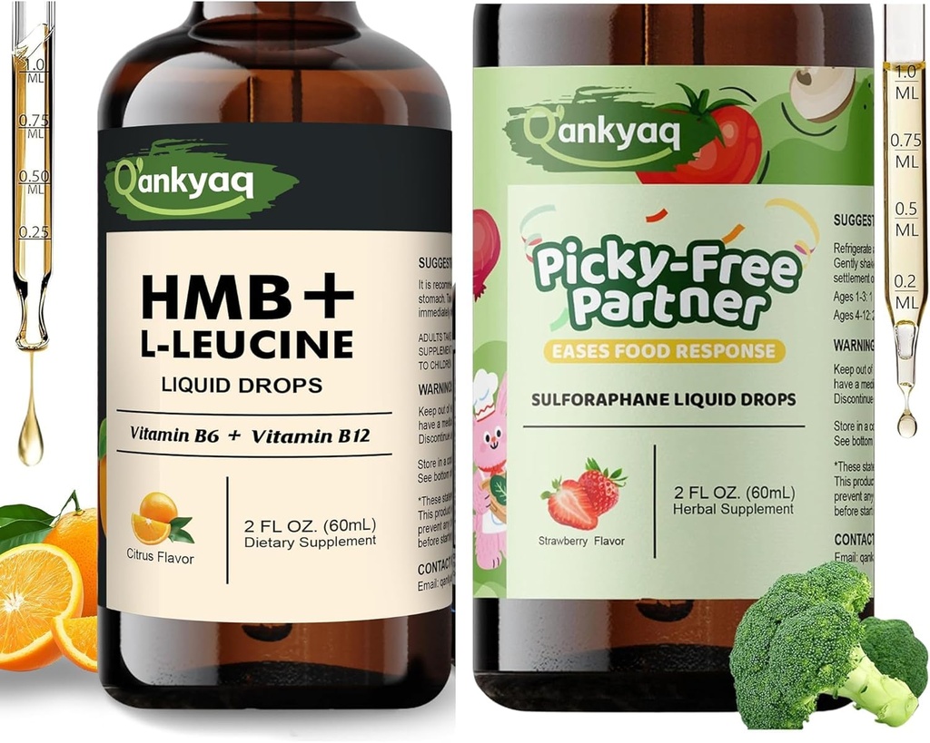 Leucine HMB Liquid Supplements, Sugar Free HMB L-Leucine Liquid Drops for Adults Seniors, Kids Sulforaphane Supplement, Broccoli Sprout Extract Liquid, Kids Appetite Booster (1+yrs), Vegetable Liquid