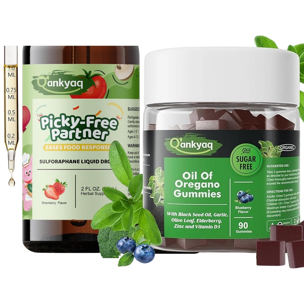 Q'ankyaq Oregano Oil with Black Seed Oil Organic Gummies for Kids and Adults | 6-in-1 Oregano Oil Supplement, Sulforaphane Supplement for Kids, Appetite Booster, & Vegetable Nutrition Gap