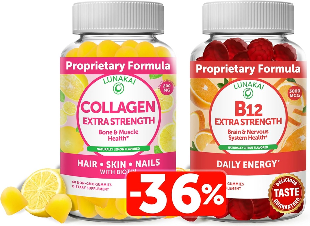 Lunakai Collagen & Biotin Gummies Bundle - Βιταμίνες για τα μαλλιά, το δέρμα και τη νεανική εμφάνιση - Συμπληρώματα πρωτεΐνης κατά της γήρανσης μη ΓΤΟ για άνδρες και γυναίκες - 30 ημέρες προσφοράς