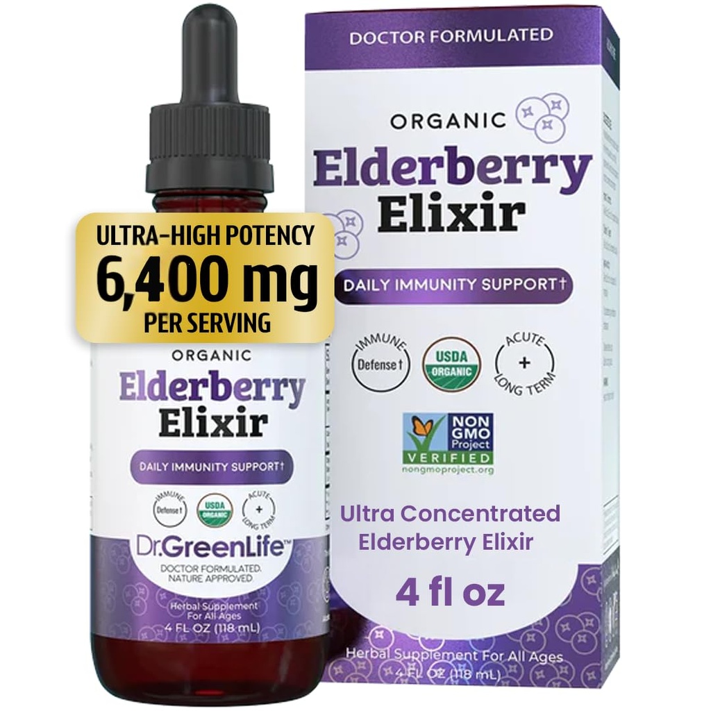 Dr. Green Mom Elderberry Syrup Organic — Elderberry Elixir for Babies, Toddlers & Kids — Cold & Flu Organic Liquid Drops — No Honey — High Potency — Newborn Infant Immune Support & Boost — 4 fl. oz