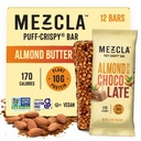 Mezcla Puff-Crispy Plant Based Protein Bars - Almond Butter Chocolate - Healthy Snacks for Adults & Kids - Perfect School, Travel, & Office Snacks - Gluten Free, Vegan, Non GMO, 10g Protein - 12 Count