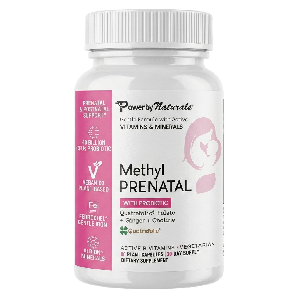 Power By Naturals Methyl Prenatal with Probiotics – Prenatal Vitamins for Women with Iron, Methyl Folate, B12 & 28 Nutrients & Botanicals – Vegan, Non-GMO, Gluten-Free – 60 Capsules (1-Month Supply)