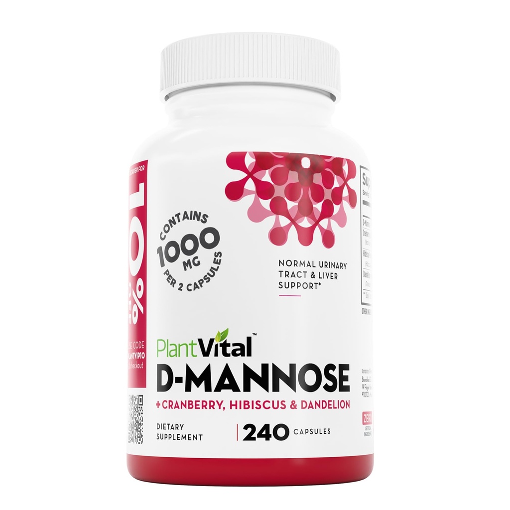 Plantvital D Mannose Capsules with Cranberry - D-mannose 1000mg per serving - High Potency for Bladder, Kidney and Urinary Tract Support - Cranberry Powder with Hibiscus and Dandelion- 4 Months Supply