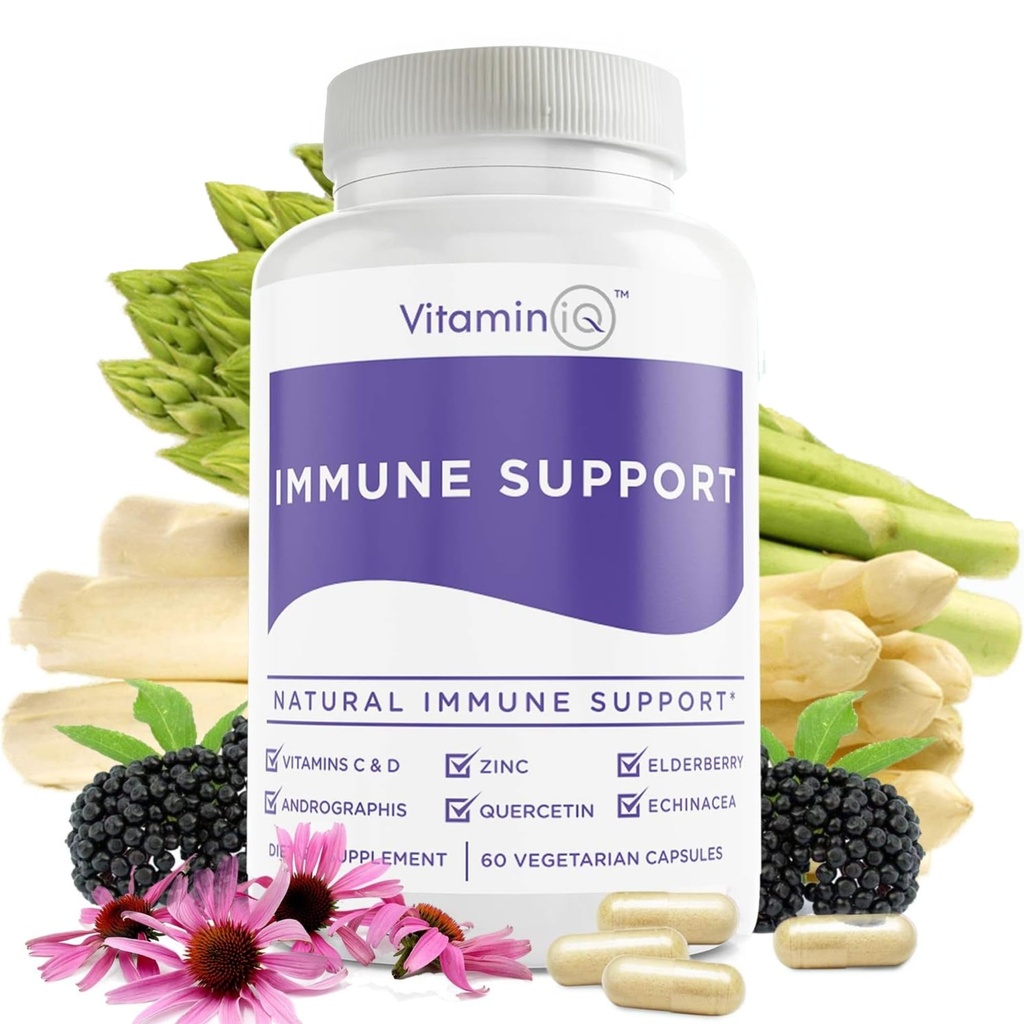 Immune Support Supplement with Vitamin C and Zinc, Sambucus Elderberry, Vitamin D3, Glutathione, Echinacea Capsules - Natural Immune Booster Herbal Supplements - Vegan, Gluten-Free (60ct)