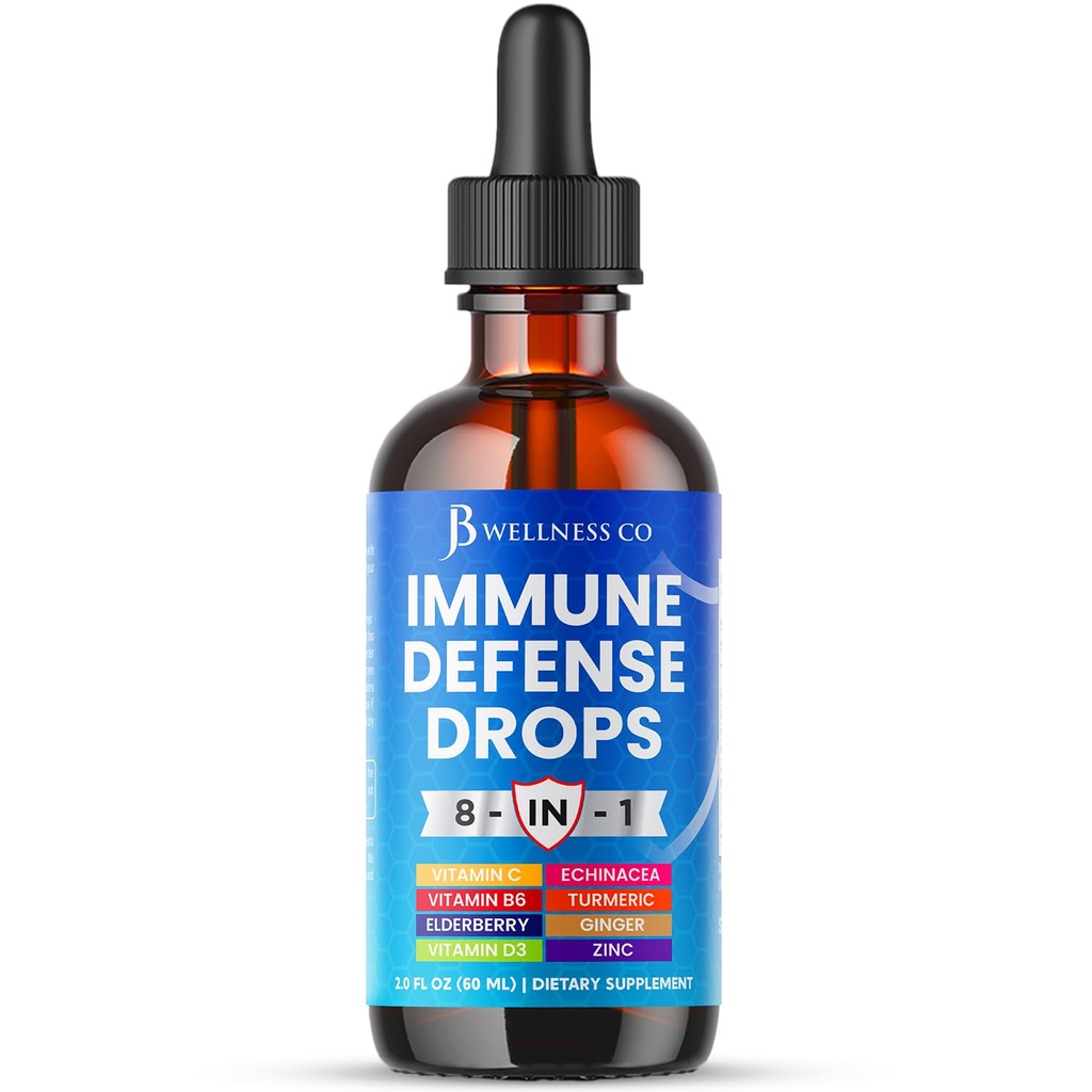 8-in-1 Immune Defense Liquid Drops – Elderberry, Echinacea, Turmeric Curcumin, Ginger, Vitamins C & D3, Zinc & B6 – Fast-Absorbing Immune Support & Antioxidant Support – Vegan, Non-GMO – 2 oz
